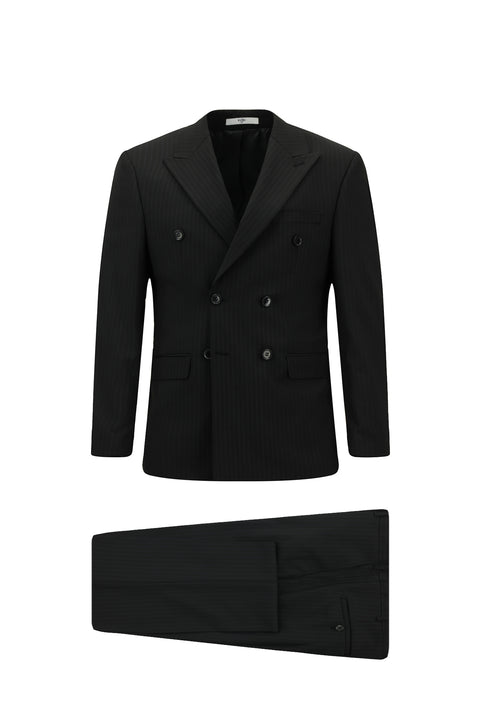 Black 6-Drop Regular Fit Standard Cut Wool Striped Double-Breasted Suit