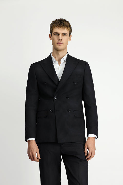 Black 6-Drop Regular Fit Standard Cut Wool Striped Double-Breasted Suit