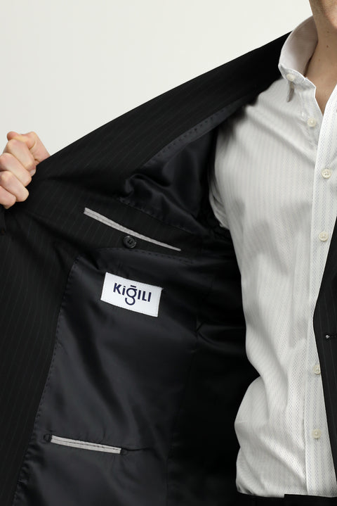 Black 6-Drop Regular Fit Standard Cut Wool Striped Double-Breasted Suit