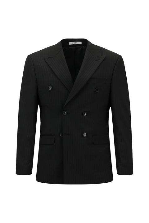 Black 6-Drop Regular Fit Standard Cut Wool Striped Double-Breasted Suit
