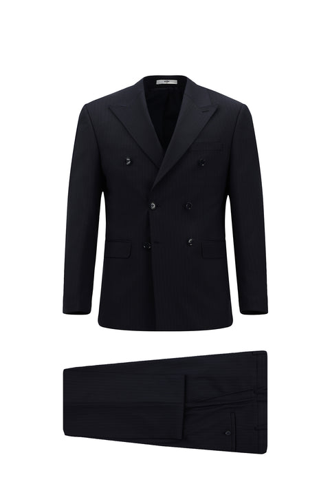 Medium Navy 6 Drop Regular Fit Standard Cut Wool Striped Double-Breasted Suit
