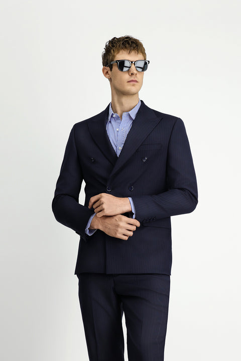 Medium Navy 6 Drop Regular Fit Standard Cut Wool Striped Double-Breasted Suit