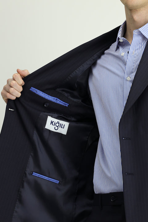 Medium Navy 6 Drop Regular Fit Standard Cut Wool Striped Double-Breasted Suit