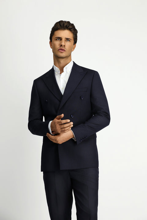 Dark Navy 6 Drop Regular Fit Standard Cut Wool Striped Double-Breasted Suit