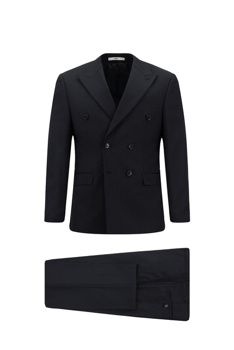 Dark Navy 6 Drop Regular Fit Standard Cut Wool Striped Double-Breasted Suit