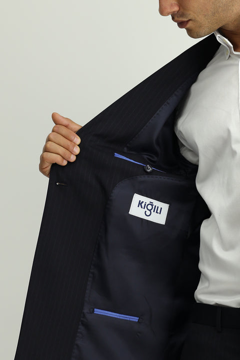 Dark Navy 6 Drop Regular Fit Standard Cut Wool Striped Double-Breasted Suit