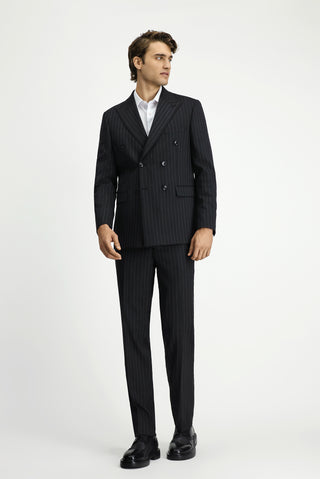  Siyah 7 Drop Slim Fit Dar Kesim Yünlü Çizgili Kruvaze Takım Elbise