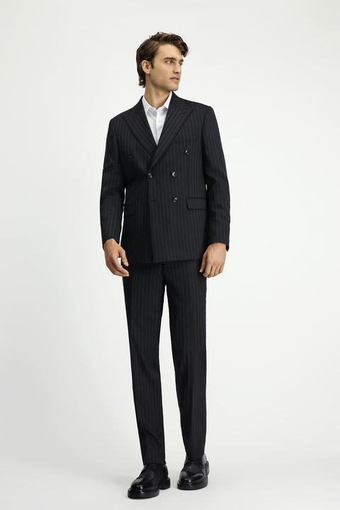 Black 7 Drop Slim Fit Narrow Cut Wool Striped Double-Breasted Suit