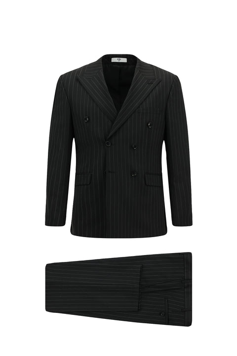 Black 7 Drop Slim Fit Narrow Cut Wool Striped Double-Breasted Suit