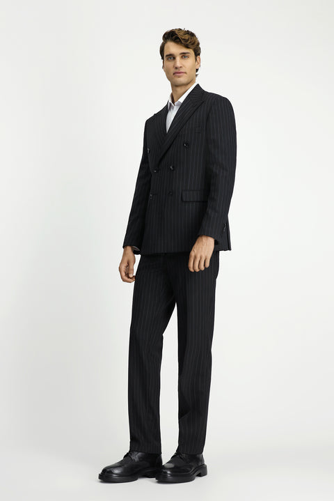 Black 7 Drop Slim Fit Narrow Cut Wool Striped Double-Breasted Suit