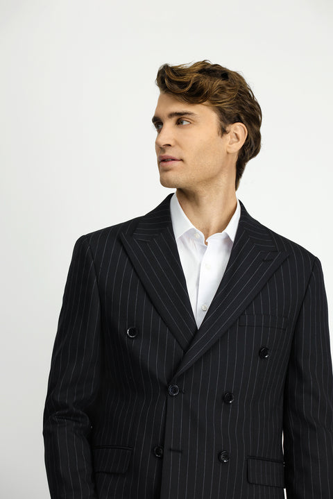 Black 7 Drop Slim Fit Narrow Cut Wool Striped Double-Breasted Suit