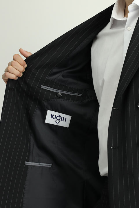 Black 7 Drop Slim Fit Narrow Cut Wool Striped Double-Breasted Suit