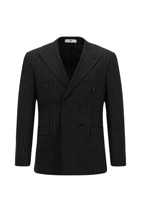 Black 7 Drop Slim Fit Narrow Cut Wool Striped Double-Breasted Suit
