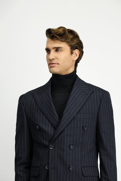 Marengo 7 Drop Slim Fit Dar Kesim Yünlü Çizgili Kruvaze Takım Elbise