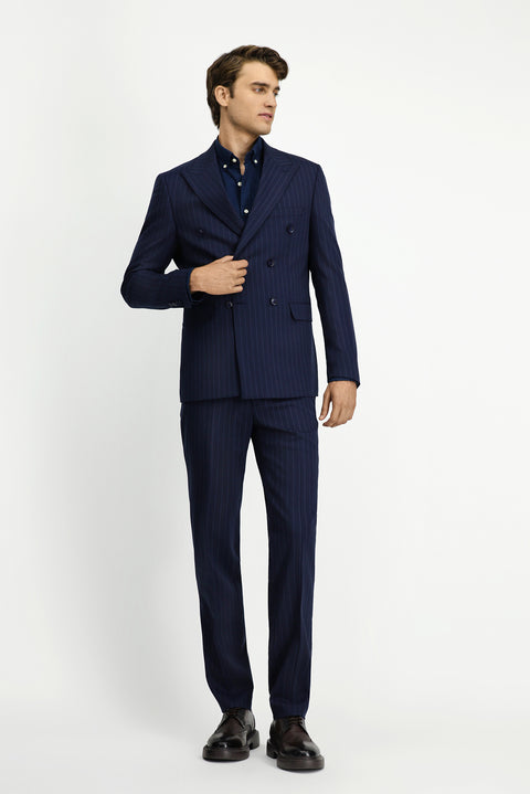 Dark Navy 7 Drop Slim Fit Narrow Cut Wool Striped Double-Breasted Suit