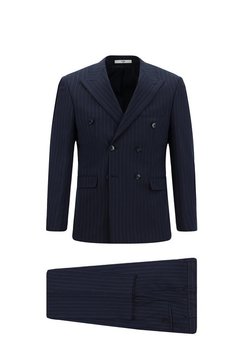 Dark Navy 7 Drop Slim Fit Narrow Cut Wool Striped Double-Breasted Suit