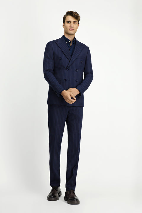 Dark Navy 7 Drop Slim Fit Narrow Cut Wool Striped Double-Breasted Suit