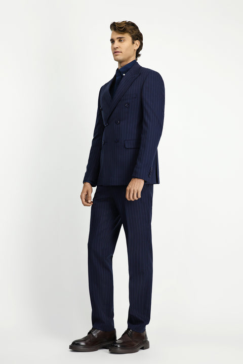 Dark Navy 7 Drop Slim Fit Narrow Cut Wool Striped Double-Breasted Suit