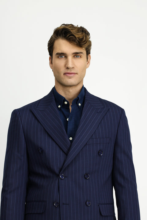 Dark Navy 7 Drop Slim Fit Narrow Cut Wool Striped Double-Breasted Suit