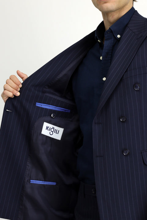 Dark Navy 7 Drop Slim Fit Narrow Cut Wool Striped Double-Breasted Suit