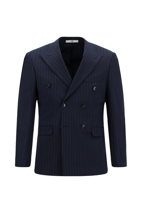 Dark Navy 7 Drop Slim Fit Narrow Cut Wool Striped Double-Breasted Suit