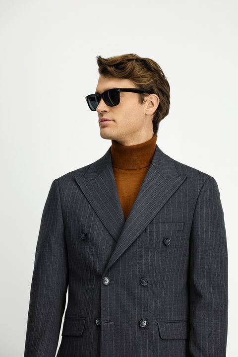 Orta Antrasit 7 Drop Slim Fit Dar Kesim Yünlü Çizgili Kruvaze Takım Elbise