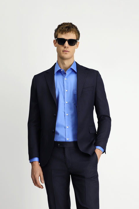 Medium Navy 7 Drop Slim Fit Narrow Cut Wool Striped Suit