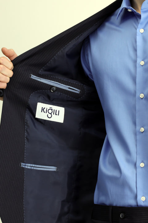 Medium Navy 7 Drop Slim Fit Narrow Cut Wool Striped Suit