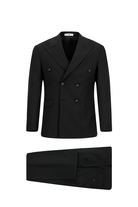 Black 6 Drop Regular Fit Standard Cut Striped Wool Double-Breasted Suit