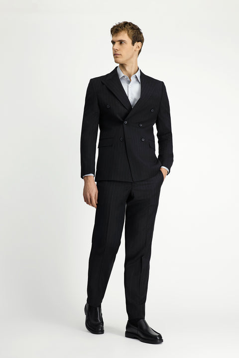 Black 6 Drop Regular Fit Standard Cut Striped Wool Double-Breasted Suit