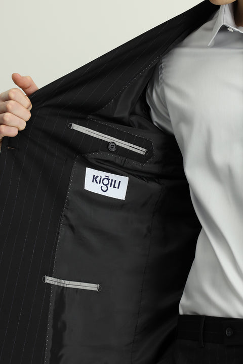 Black 6 Drop Regular Fit Standard Cut Striped Wool Double-Breasted Suit