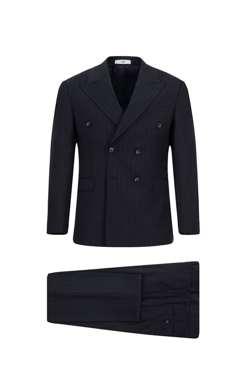 Medium Navy 6 Drop Regular Fit Striped Wool Double-Breasted Suit