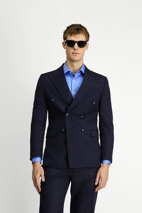 Medium Navy 6 Drop Regular Fit Striped Wool Double-Breasted Suit
