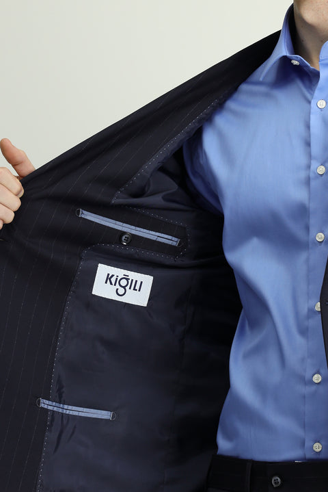 Medium Navy 6 Drop Regular Fit Striped Wool Double-Breasted Suit