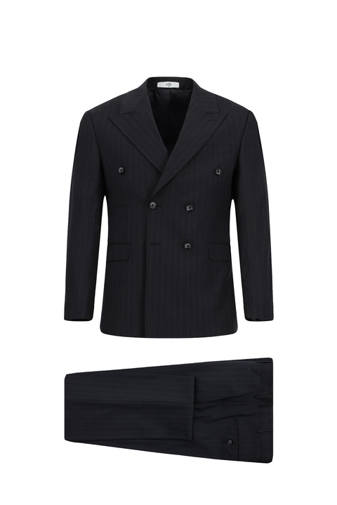 Dark Navy 6 Drop Regular Fit Striped Wool Double-Breasted Suit