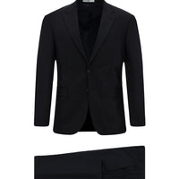 Dark Navy 8 Drop Muscle Fit Long Athletic Cut Mono-Neck Wool Striped Suit