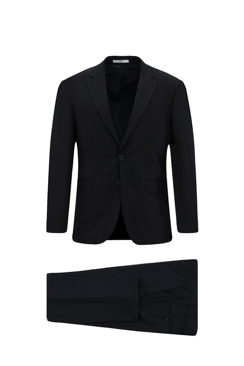 Dark Navy 8 Drop Muscle Fit Long Athletic Cut Mono-Neck Wool Striped Suit