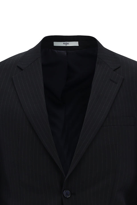 Dark Navy 8 Drop Muscle Fit Long Athletic Cut Mono-Neck Wool Striped Suit