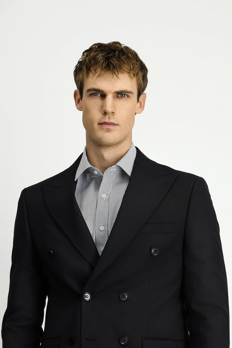 Black 6 Drop Regular Fit Standard Cut Striped Wool Double-Breasted Suit