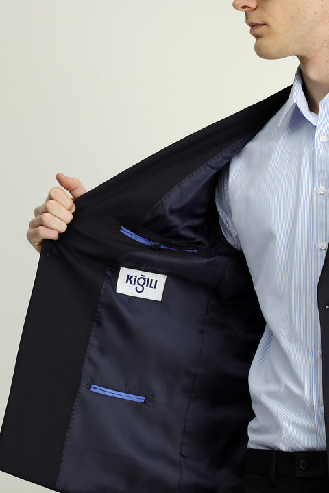 Koyu Lacivert 6 Drop Regular Fit Standart Kesim Çizgili Yünlü Kruvaze Takım Elbise