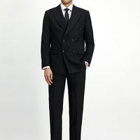 Black 6-Drop Regular Fit Standard Cut Wool Striped Double-Breasted Suit
