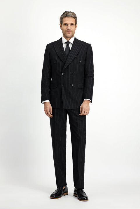 Black 6-Drop Regular Fit Standard Cut Wool Striped Double-Breasted Suit