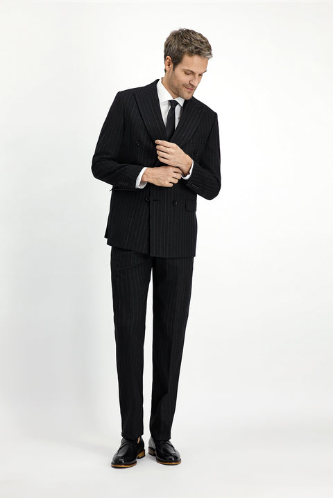 Black 6-Drop Regular Fit Standard Cut Wool Striped Double-Breasted Suit