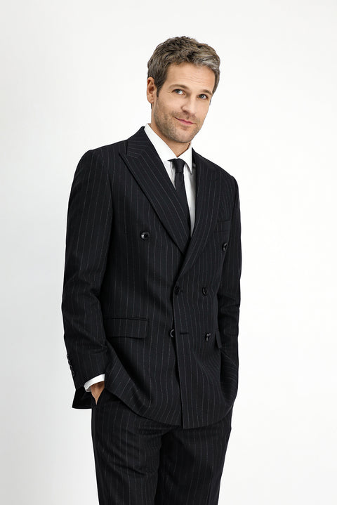 Black 6-Drop Regular Fit Standard Cut Wool Striped Double-Breasted Suit