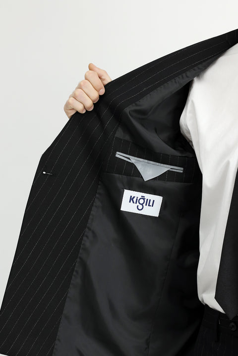 Black 6-Drop Regular Fit Standard Cut Wool Striped Double-Breasted Suit