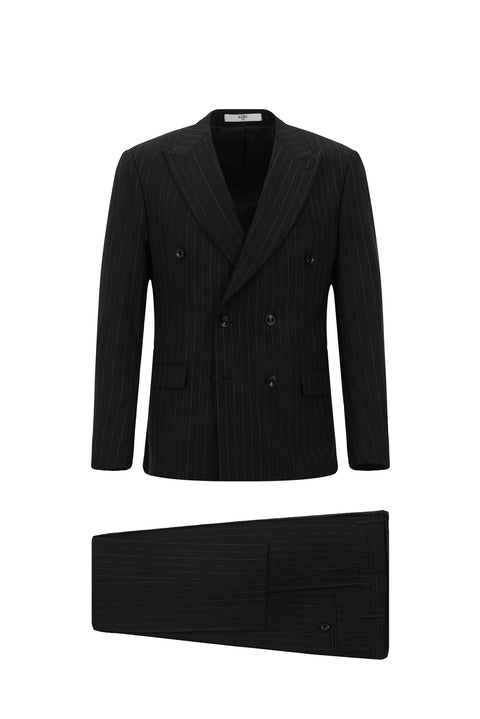 Black 6-Drop Regular Fit Standard Cut Wool Striped Double-Breasted Suit