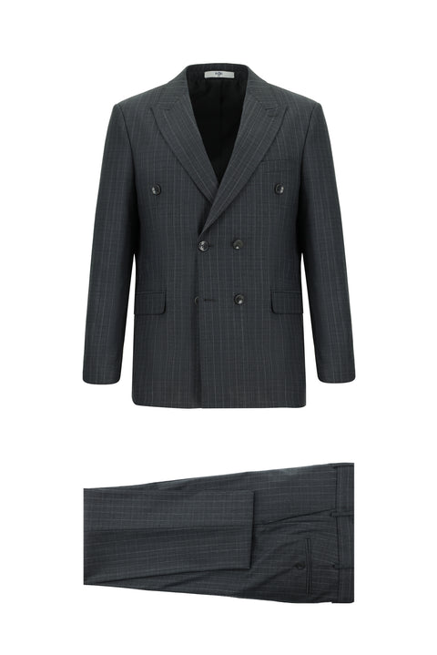 Dark Gray 6-Drop Regular Fit Standard Cut Wool Striped Double-Breasted Suit