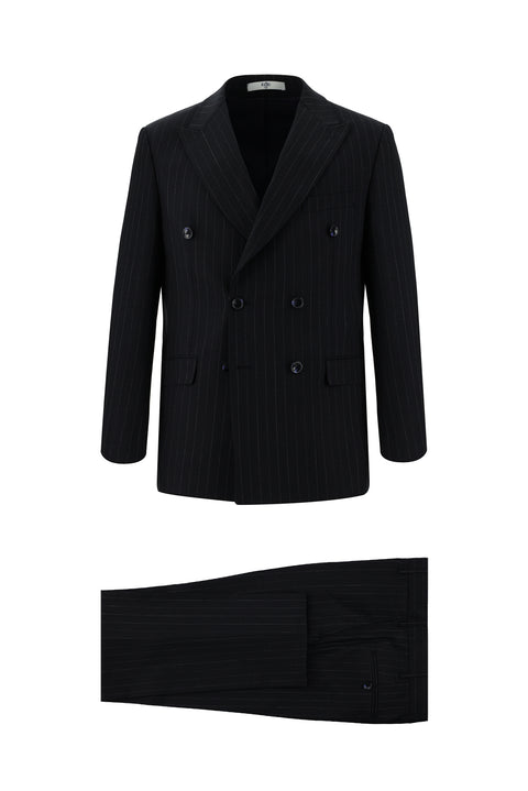 Dark Navy 6 Drop Regular Fit Standard Cut Wool Striped Double-Breasted Suit