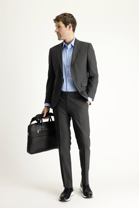 Orta Antrasit 7 Drop Slim Fit Dar Kesim Yünlü Çizgili Takım Elbise