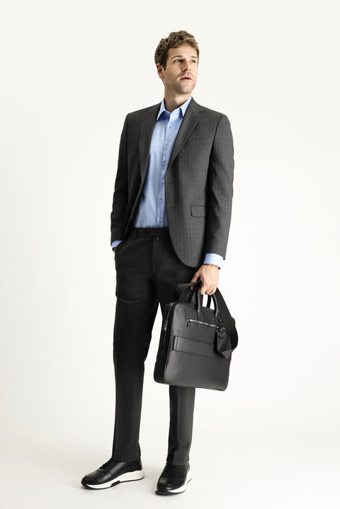 Orta Antrasit 7 Drop Slim Fit Dar Kesim Yünlü Çizgili Takım Elbise